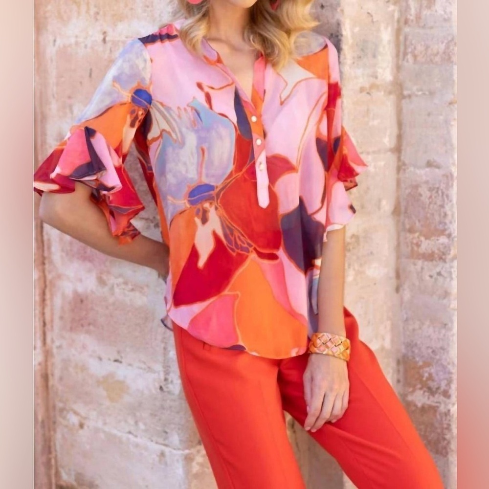 Frank Lyman Orange Pink Abstract Print Top NEW